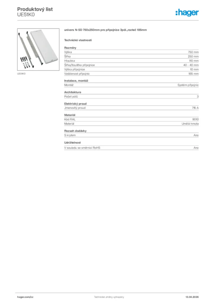 Obrázek Hager Product data sheet UE51K0 | Hager