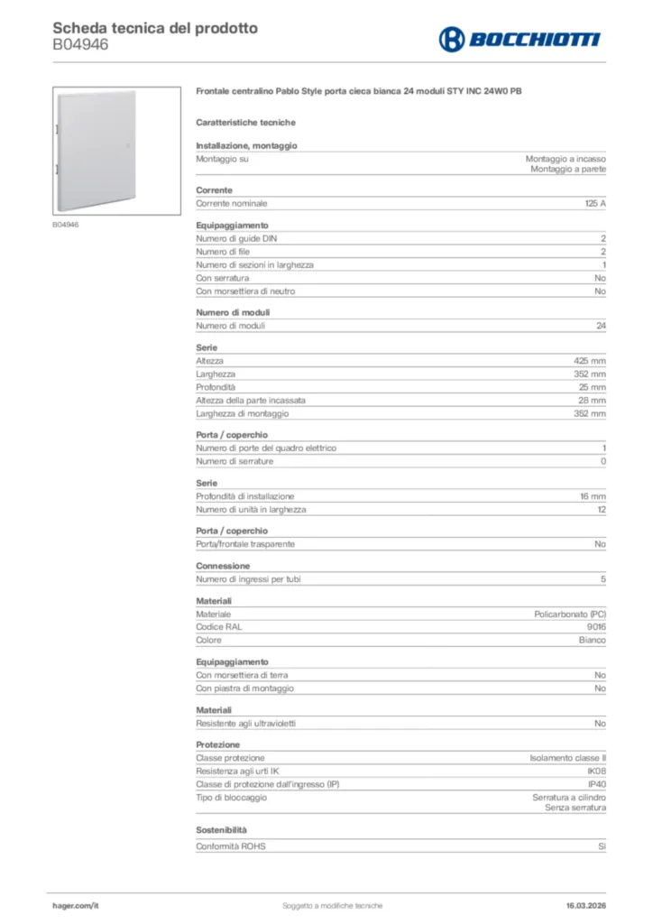 Immagine Bocchiotti Scheda tecnica del prodotto B04946 | Hager Italia