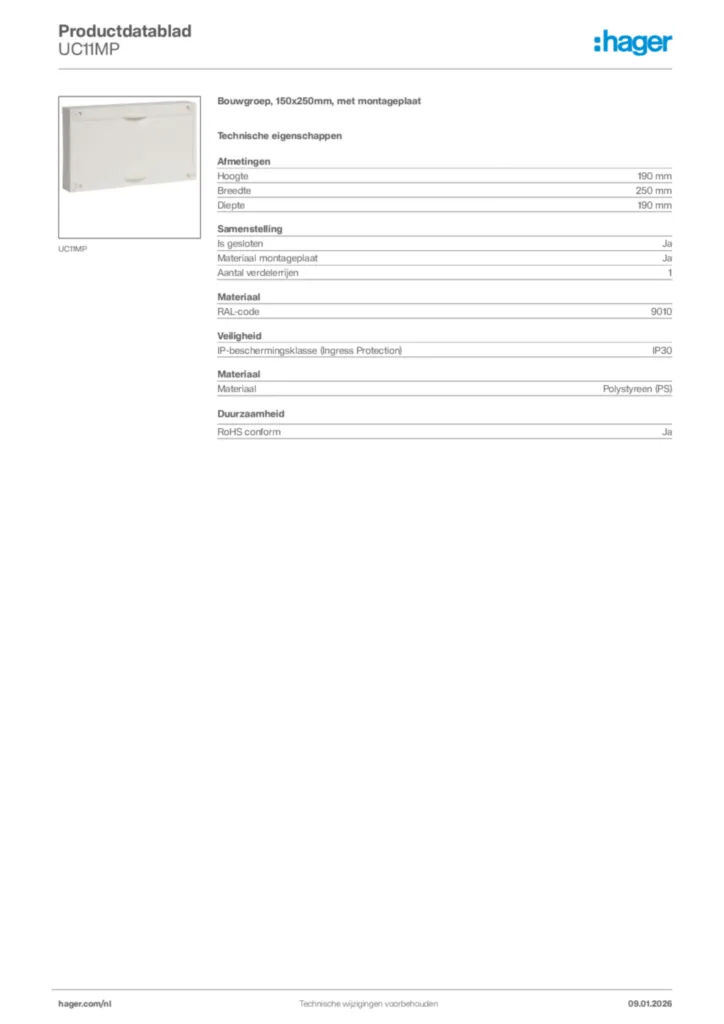 Afbeelding Hager Productdatablad UC11MP | Hager Nederland
