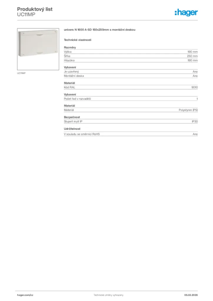 Obrázek Hager Product data sheet UC11MP | Hager