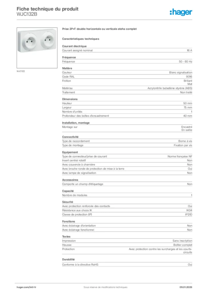 Image Hager Fiche technique du produit WJC132B | Hager Afrique