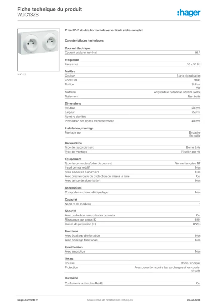 Image Hager Fiche technique du produit WJC132B | Hager Afrique