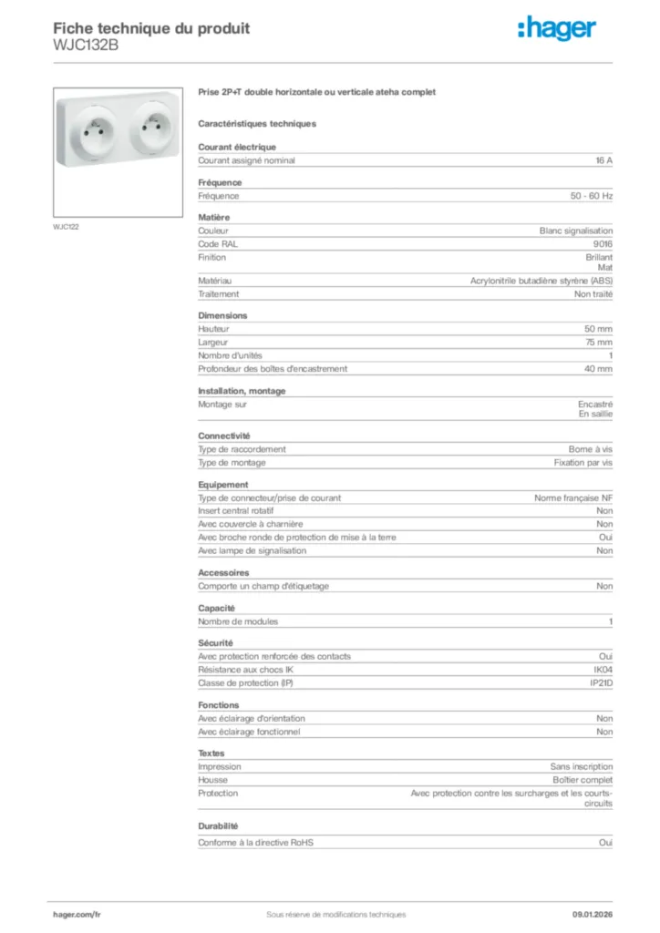 Image Hager Fiche technique du produit WJC132B | Hager France