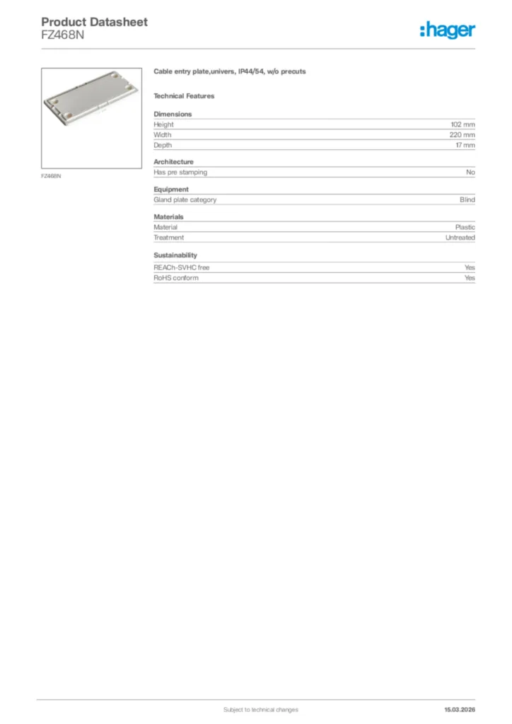 Image Hager Product data sheet FZ468N  | Hager Africa