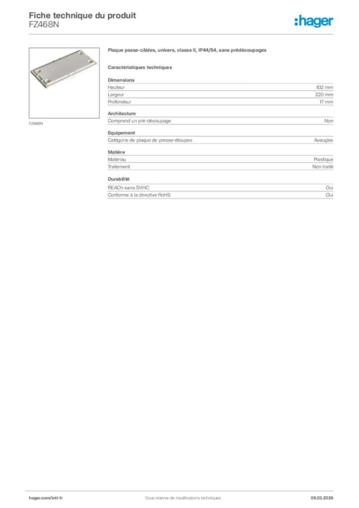 Image Hager Fiche technique du produit FZ468N | Hager Afrique