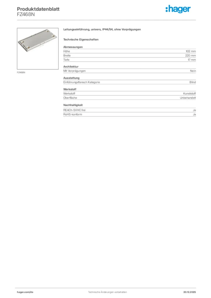 Bild Hager Produktdatenblatt FZ468N | Hager Deutschland