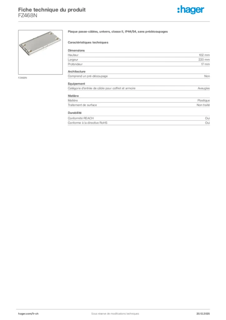 Image Hager Fiche technique du produit FZ468N | Hager Suisse