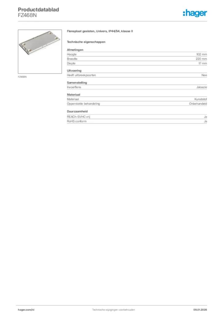 Afbeelding Hager Productdatablad FZ468N | Hager Nederland