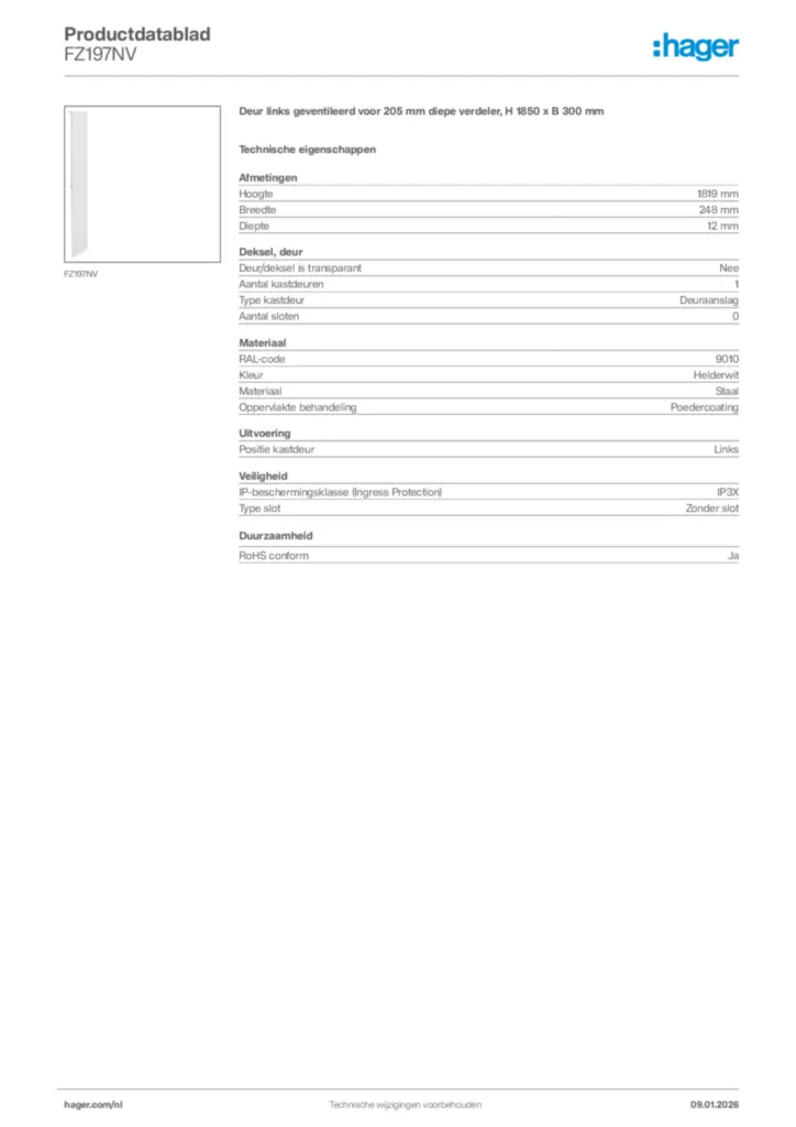 Afbeelding Hager Productdatablad FZ197NV | Hager Nederland