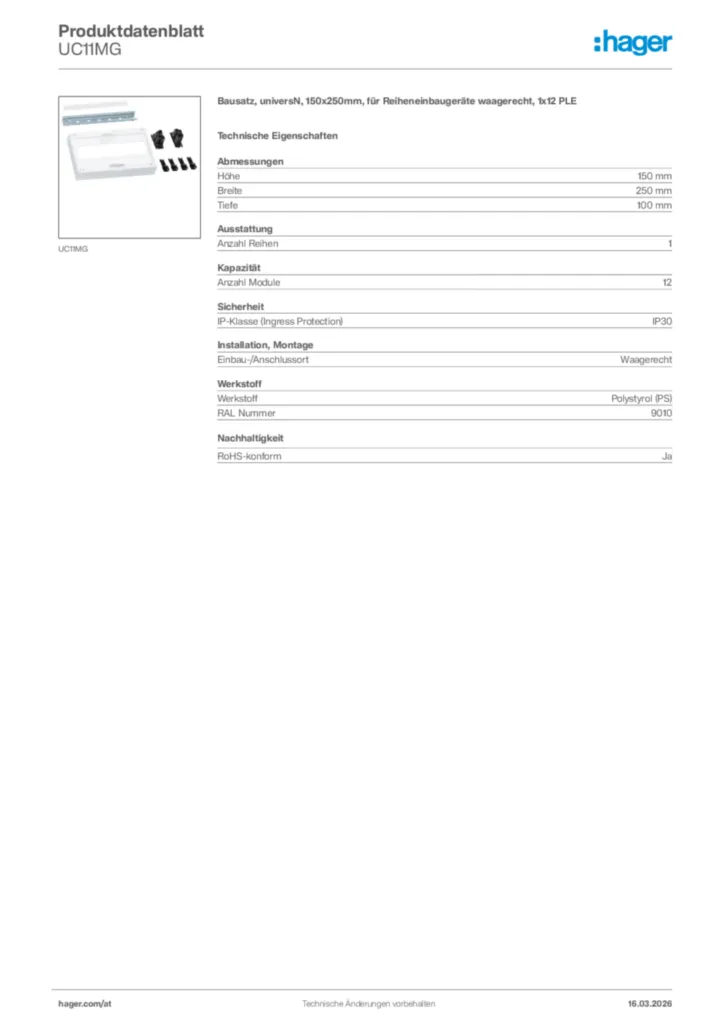 Bild Hager Produktdatenblatt UC11MG | Hager Deutschland