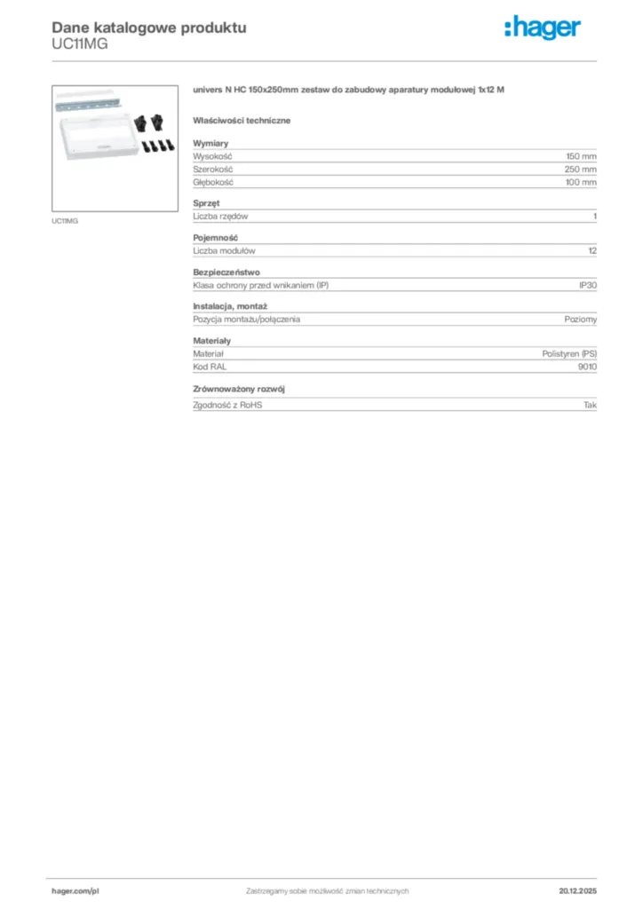 Zdjęcie Hager Karta katalogowa UC11MG | Hager Polska
