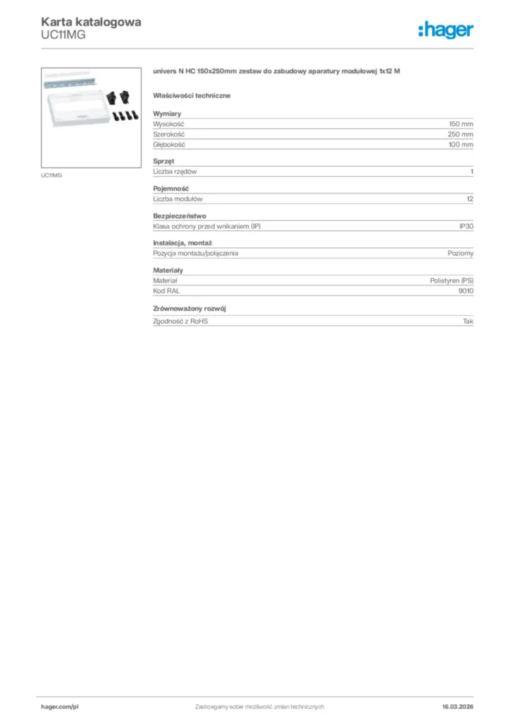 Zdjęcie Hager Karta katalogowa UC11MG | Hager Polska