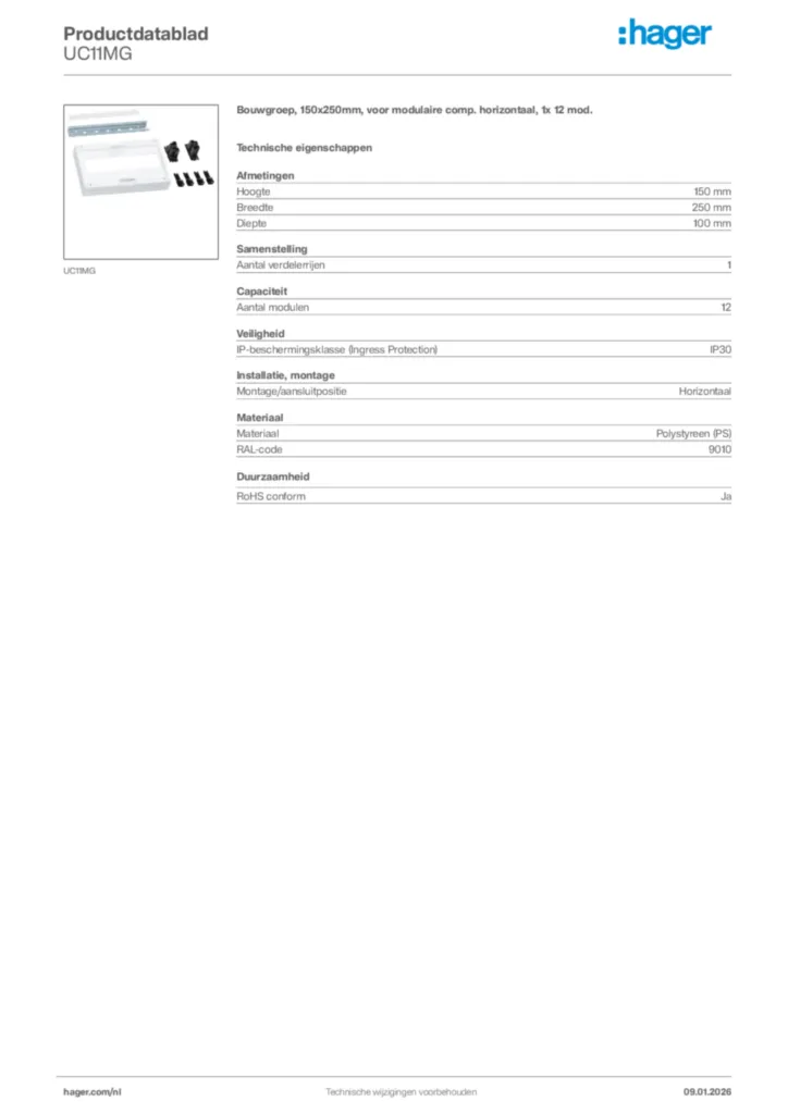 Afbeelding Hager Productdatablad UC11MG | Hager Nederland