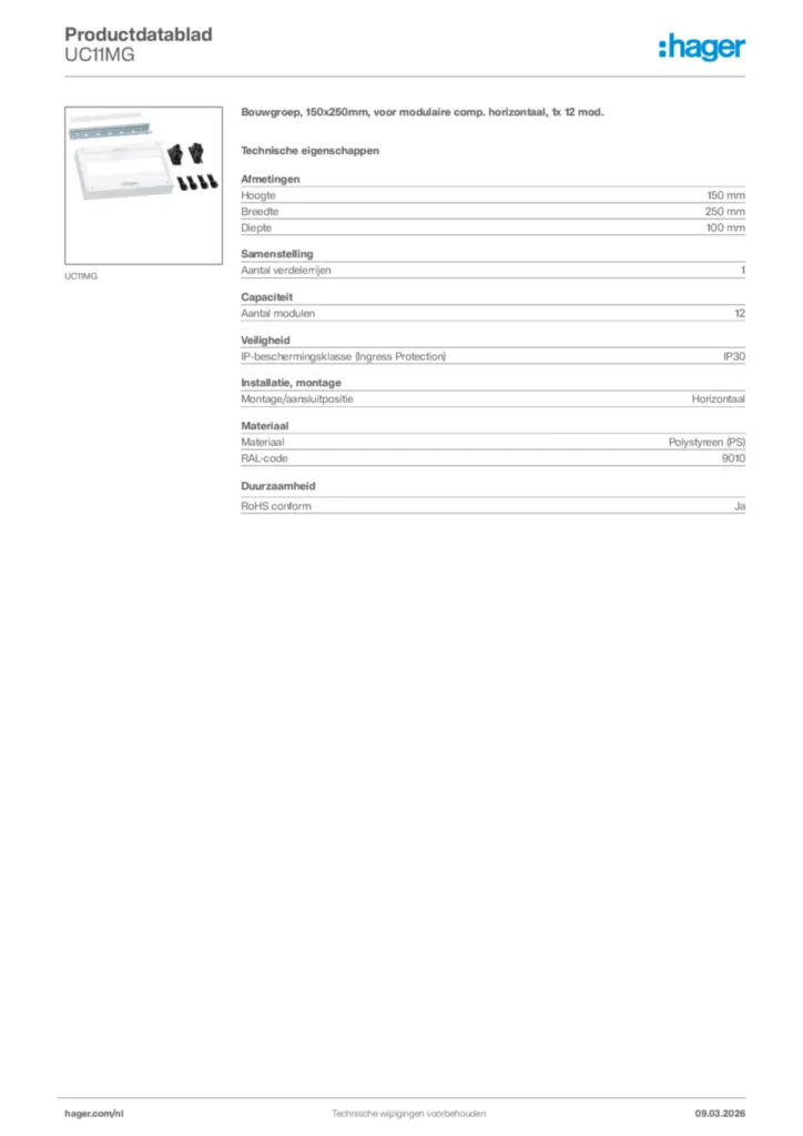 Afbeelding Hager Productdatablad UC11MG | Hager Nederland