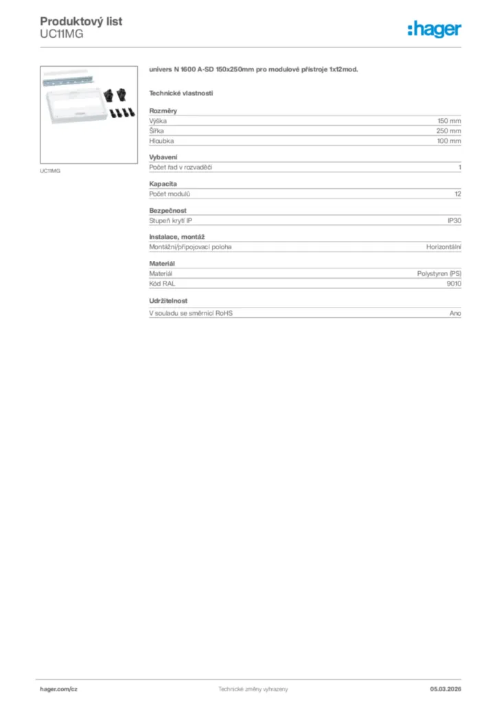 Obrázek Hager Product data sheet UC11MG | Hager