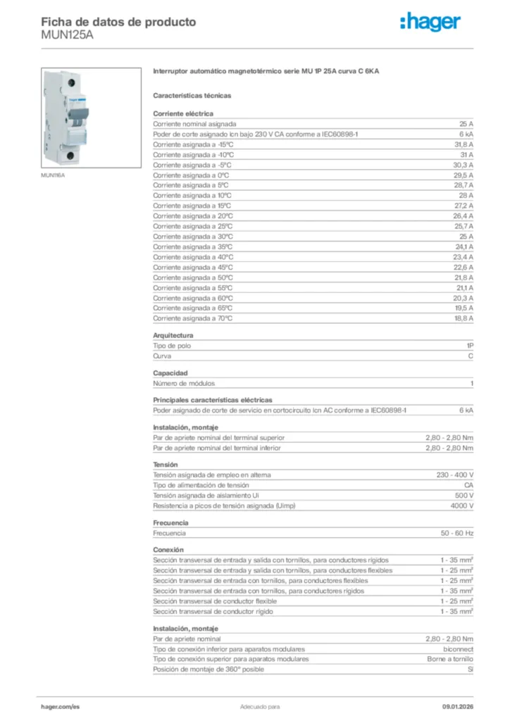 Imagen Hager Ficha de datos de producto MUN125A | Hager España