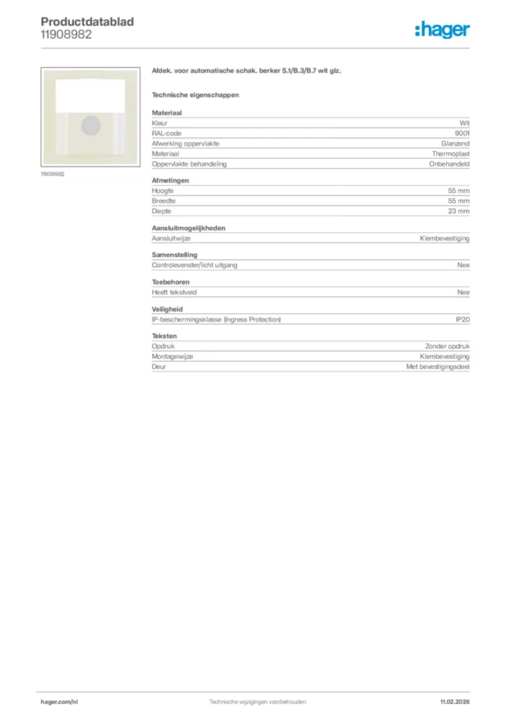 Afbeelding Hager Productdatablad 11908982 | Hager Nederland