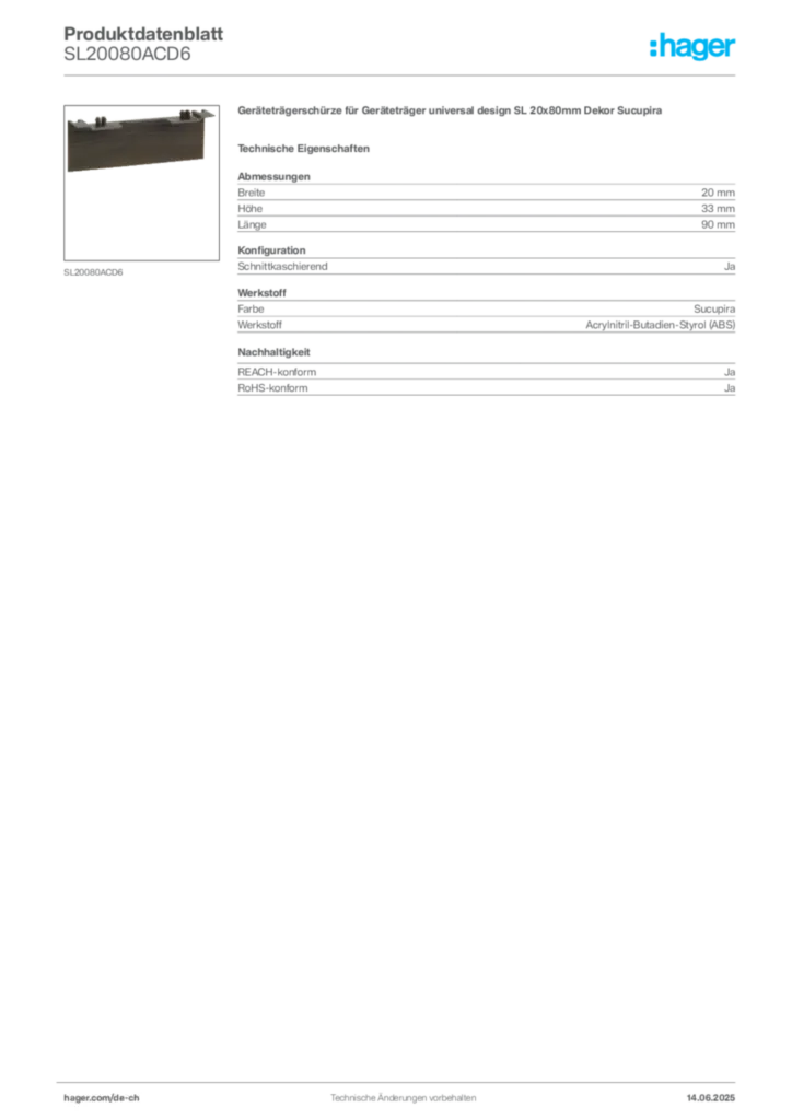 Bild Hager Produktdatenblatt SL20080ACD6 | Hager Schweiz