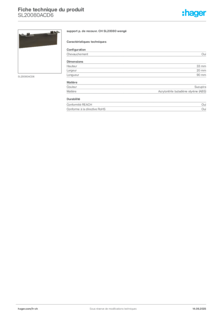 Image Hager Fiche technique du produit SL20080ACD6 | Hager Suisse