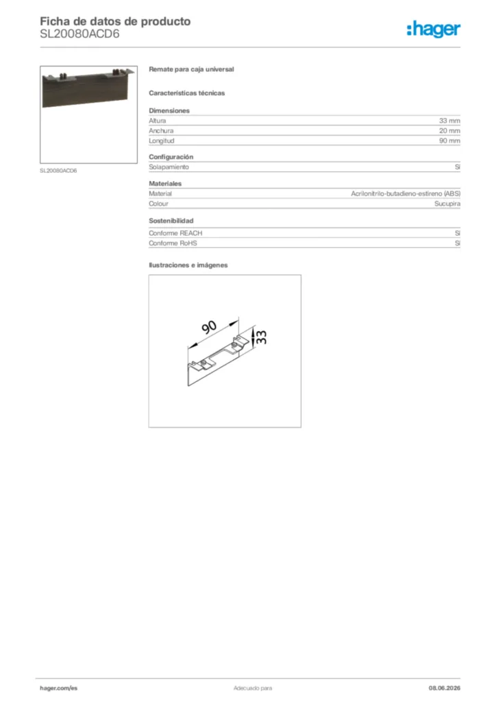 Imagen Hager Ficha de datos de producto SL20080ACD6 | Hager España