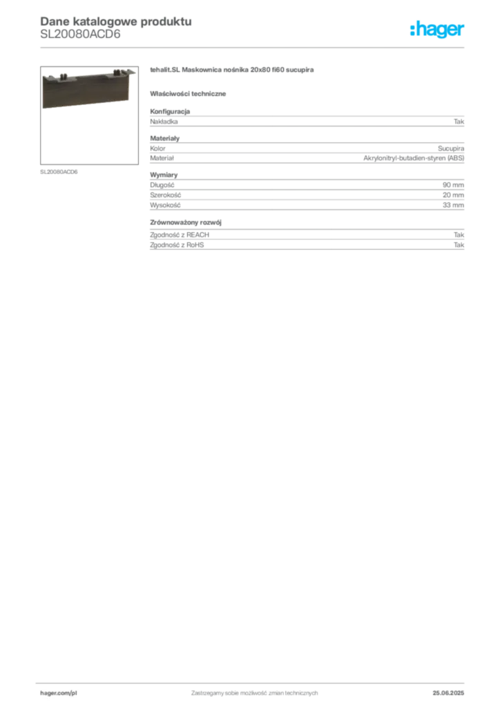 Zdjęcie Hager Karta katalogowa SL20080ACD6 | Hager Polska