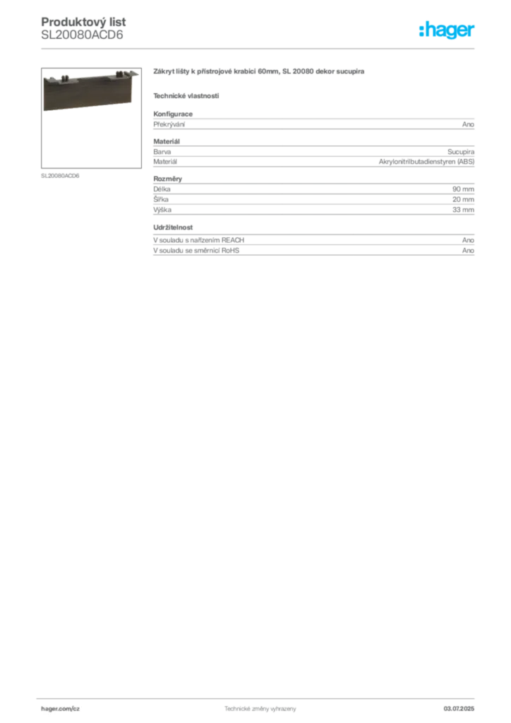 Obrázek Hager Produktový list SL20080ACD6 | Hager