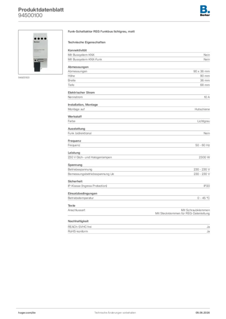 Bild Berker Produktdatenblatt 94500100 | Hager Deutschland