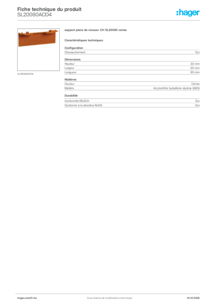 Image Hager Fiche technique du produit SL20080ACD4 | Hager Belgique