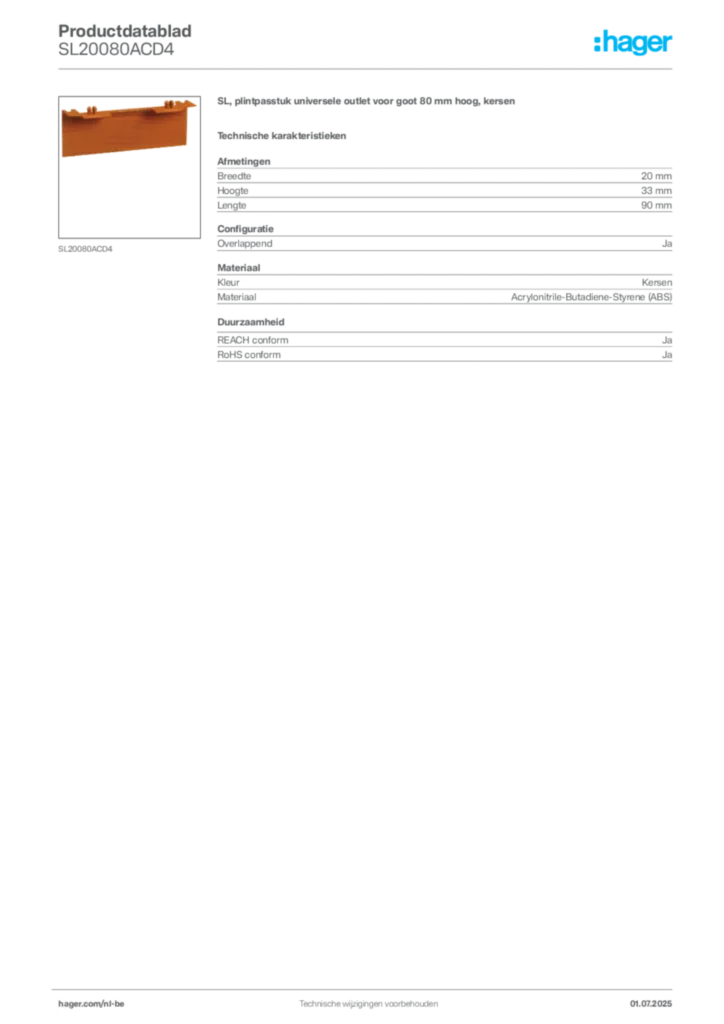 Afbeelding Hager Productdatablad SL20080ACD4 | Hager Belgium