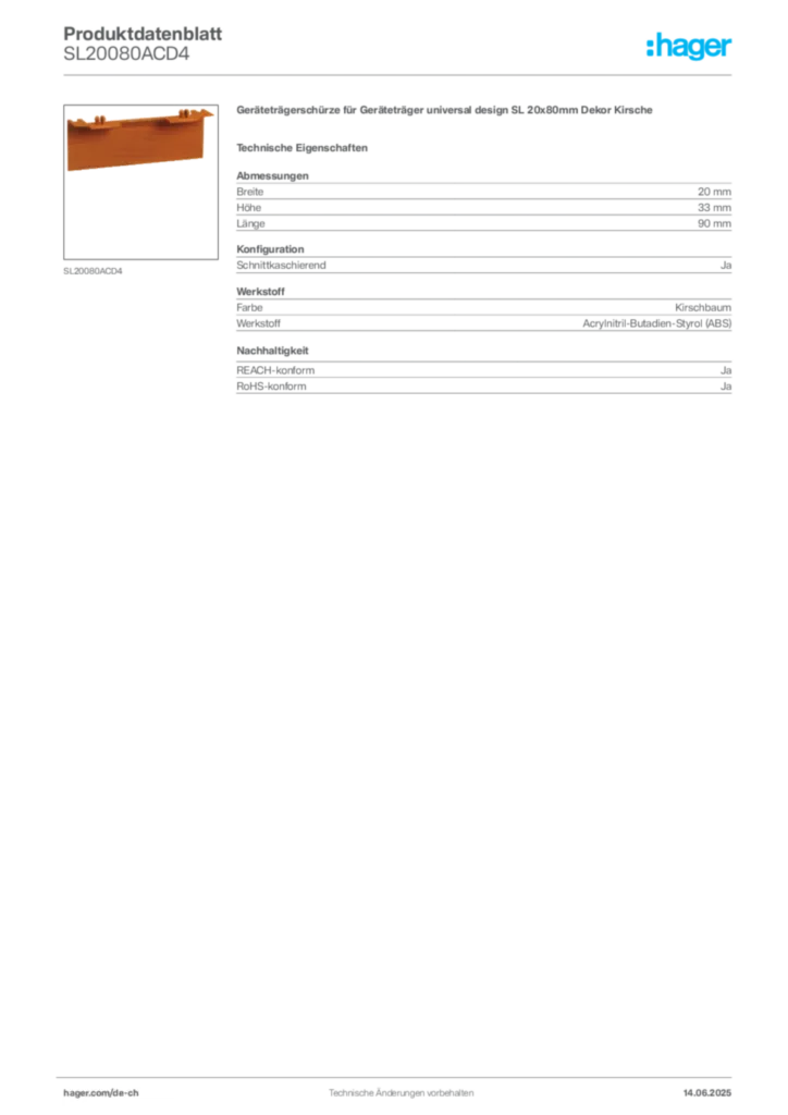 Bild Hager Produktdatenblatt SL20080ACD4 | Hager Schweiz