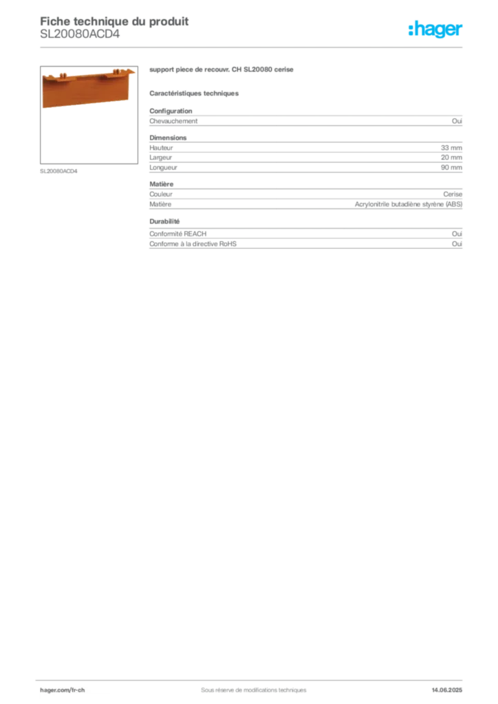 Image Hager Fiche technique du produit SL20080ACD4 | Hager Suisse