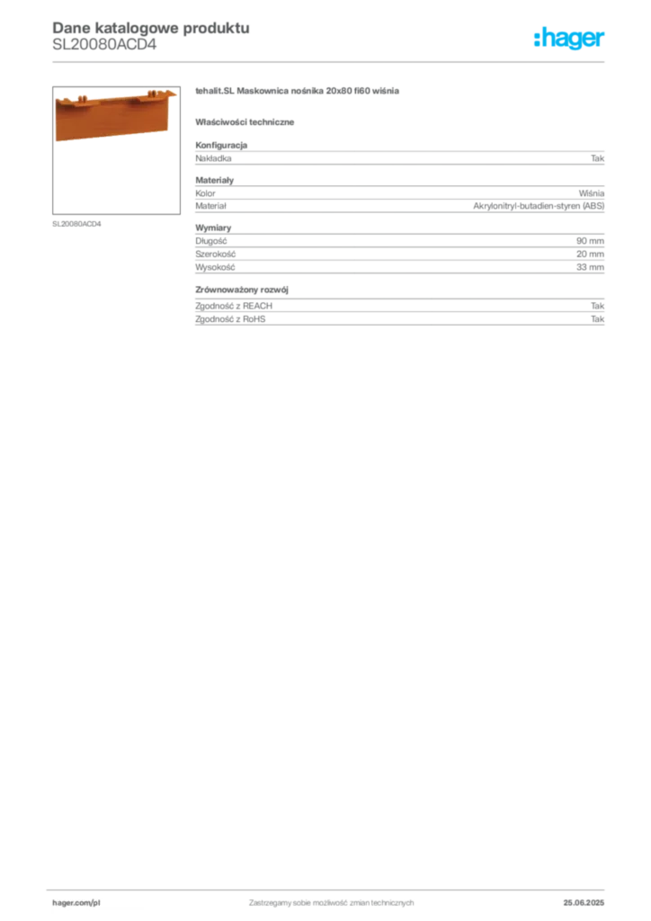 Zdjęcie Hager Karta katalogowa SL20080ACD4 | Hager Polska