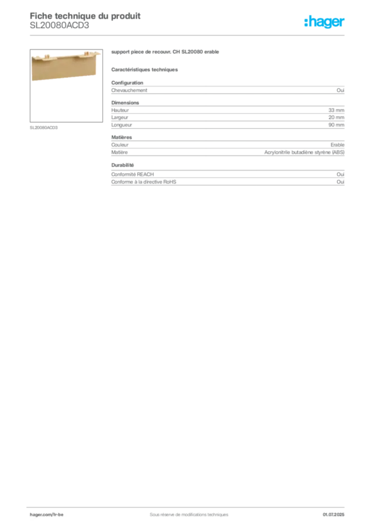 Image Hager Fiche technique du produit SL20080ACD3 | Hager Belgique
