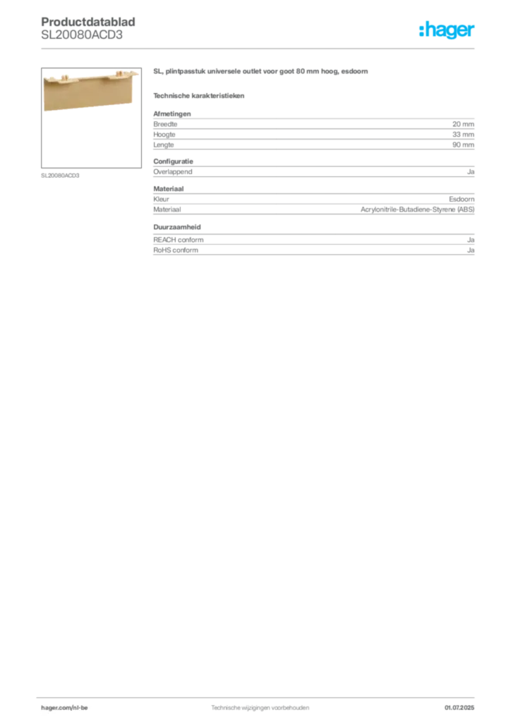 Afbeelding Hager Productdatablad SL20080ACD3 | Hager Belgium