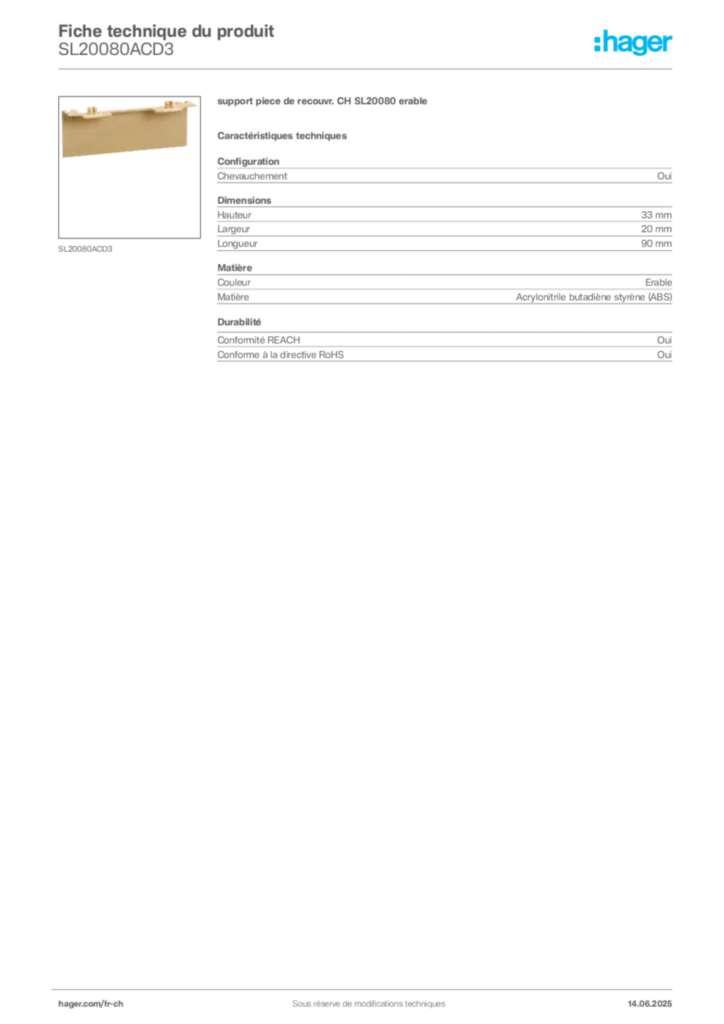 Image Hager Fiche technique du produit SL20080ACD3 | Hager Suisse