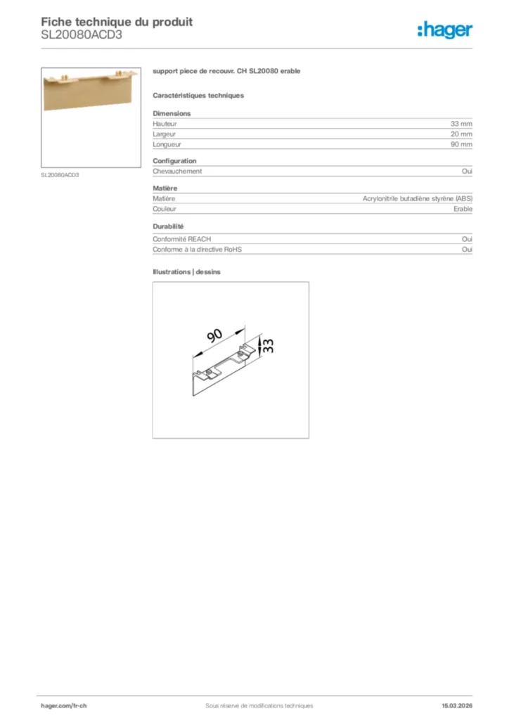Image Hager Fiche technique du produit SL20080ACD3 | Hager Suisse