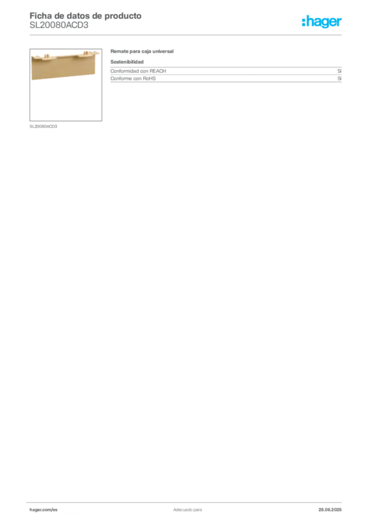 Imagen Hager Ficha de datos de producto SL20080ACD3 | Hager España