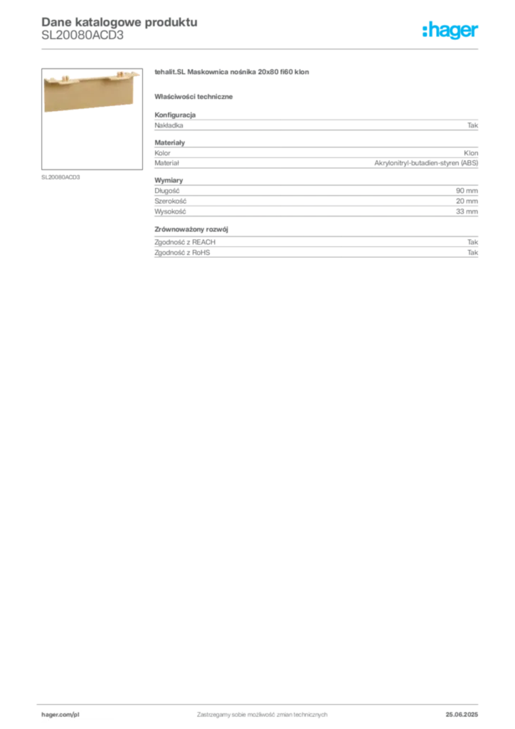 Zdjęcie Hager Karta katalogowa SL20080ACD3 | Hager Polska