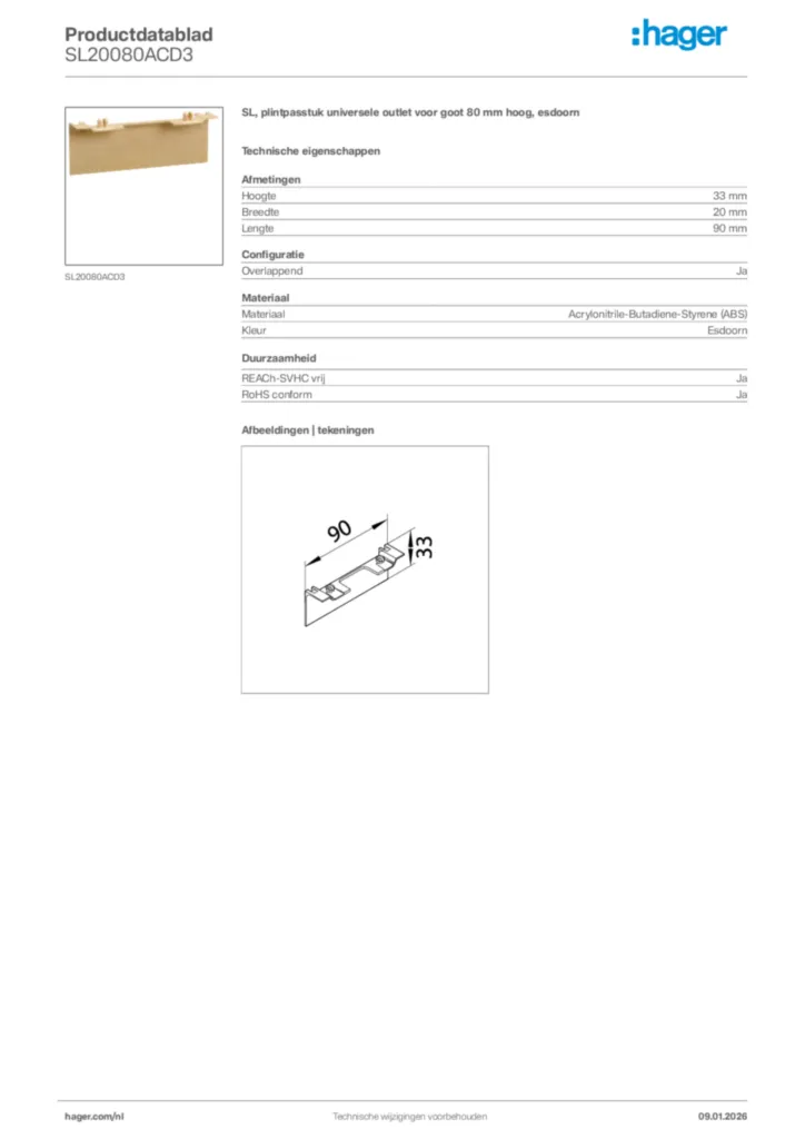 Afbeelding Hager Productdatablad SL20080ACD3 | Hager Nederland