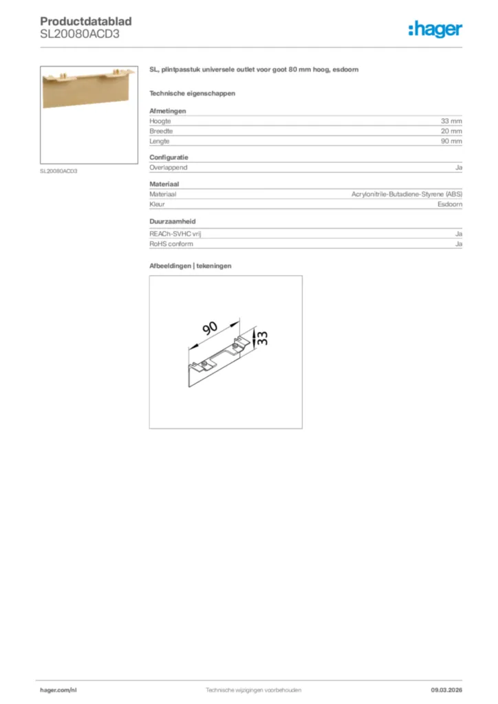 Afbeelding Hager Productdatablad SL20080ACD3 | Hager Nederland