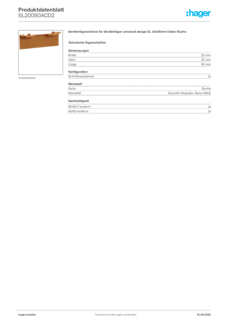 Bild Hager Produktdatenblatt SL20080ACD2 | Hager Deutschland