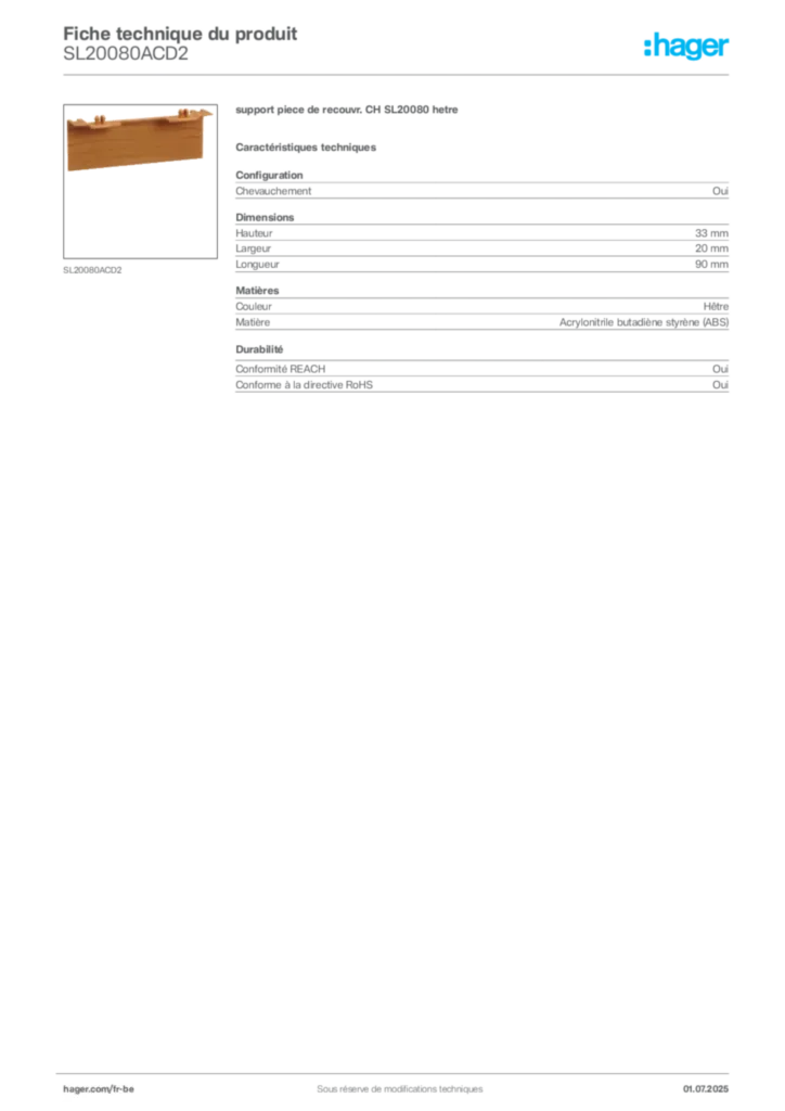 Image Hager Fiche technique du produit SL20080ACD2 | Hager Belgique