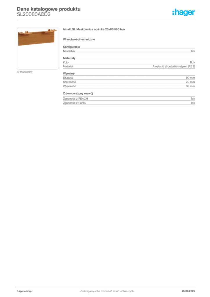 Zdjęcie Hager Karta katalogowa SL20080ACD2 | Hager Polska