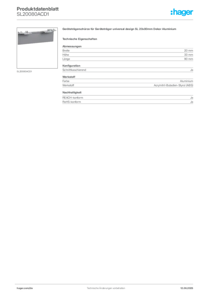 Bild Hager Produktdatenblatt SL20080ACD1 | Hager Deutschland