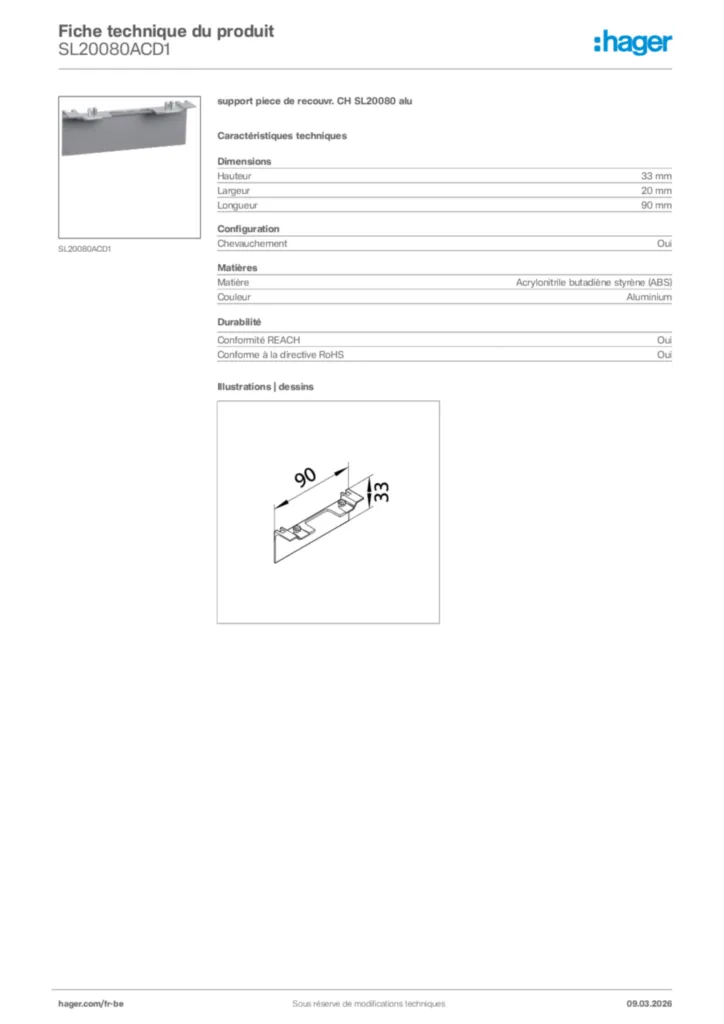 Image Hager Fiche technique du produit SL20080ACD1 | Hager Belgique