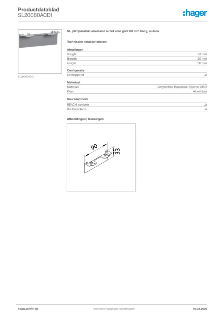 Afbeelding Hager Productdatablad SL20080ACD1 | Hager Belgium