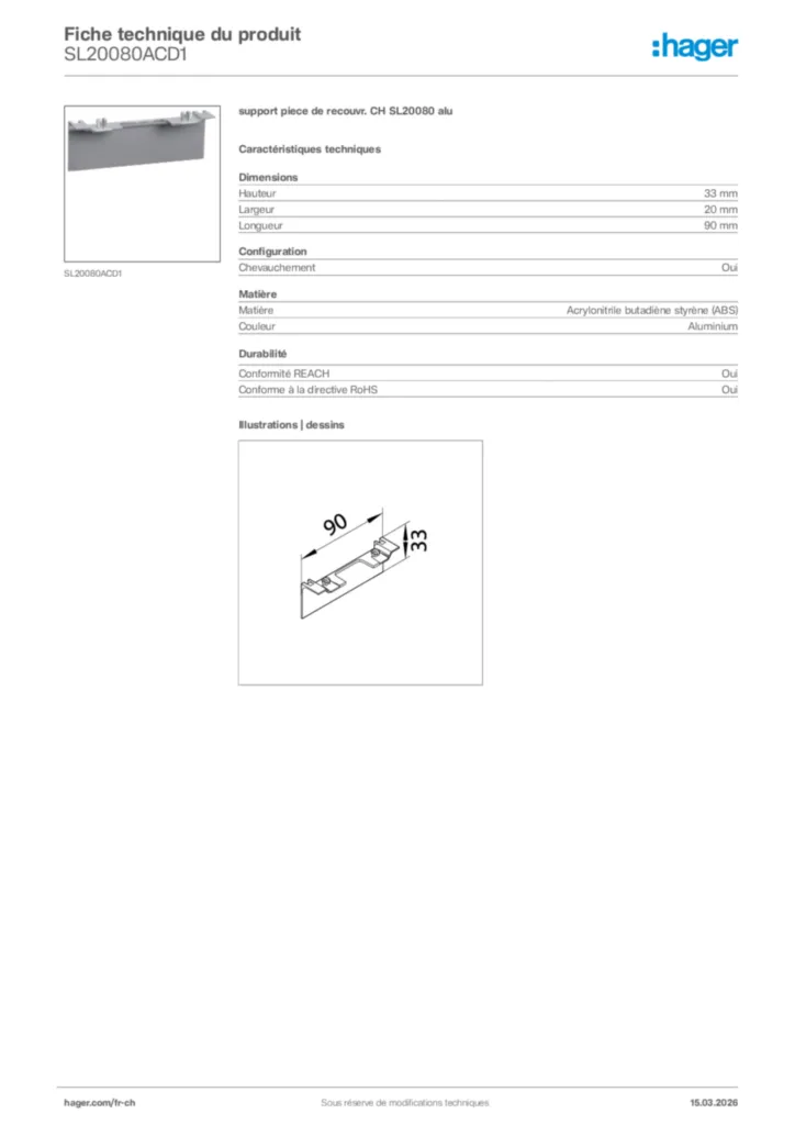 Image Hager Fiche technique du produit SL20080ACD1 | Hager Suisse
