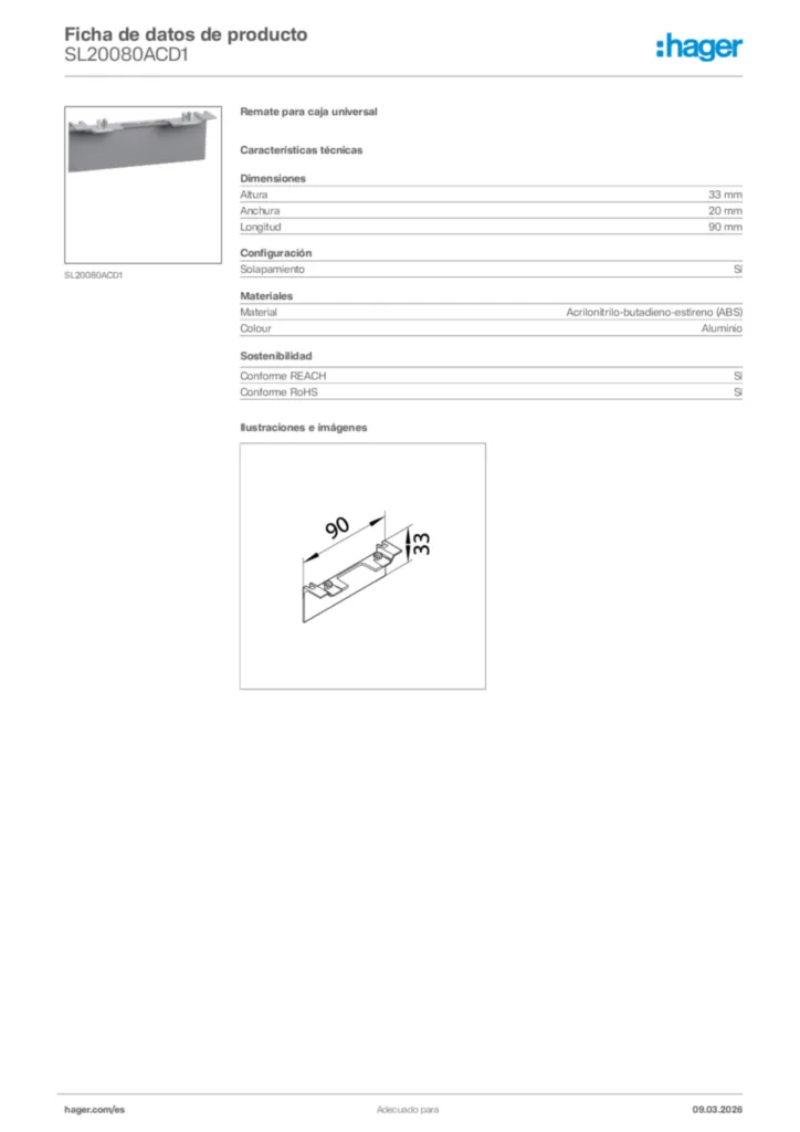 Imagen Hager Ficha de datos de producto SL20080ACD1 | Hager España