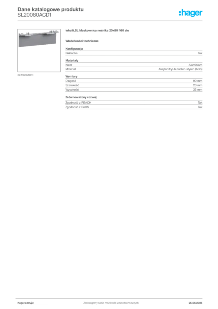 Zdjęcie Hager Karta katalogowa SL20080ACD1 | Hager Polska