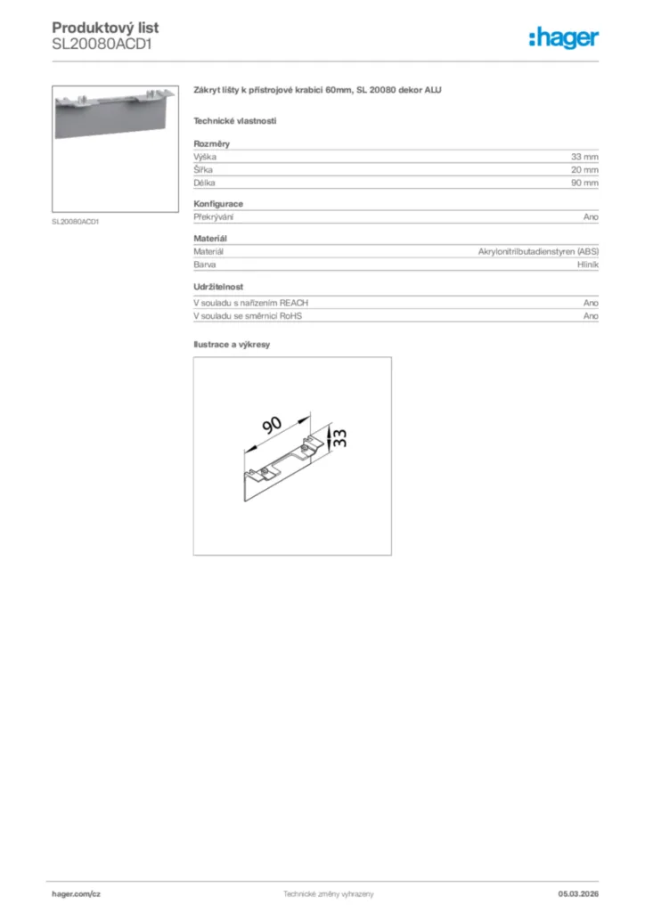 Obrázek Hager Product data sheet SL20080ACD1 | Hager
